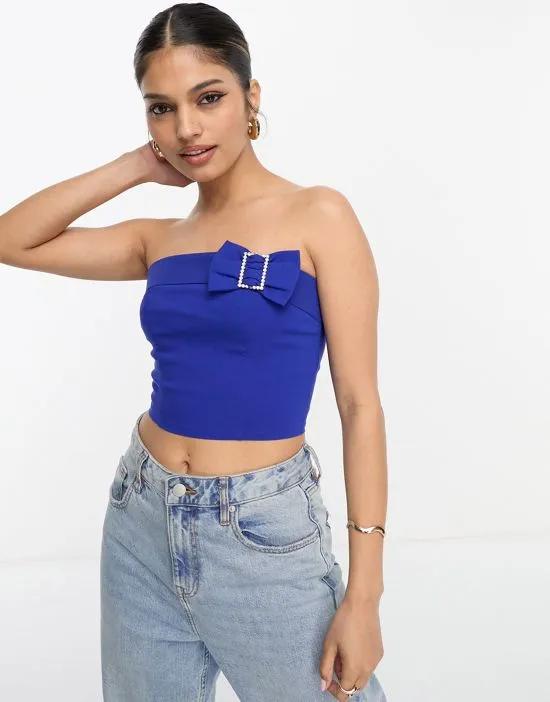 cropped bandeau corset top with diamante detail in blue