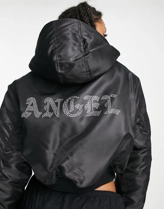 cropped bomber jacket with hot fix in black