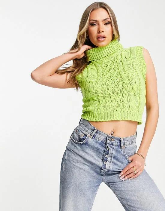 cropped cable roll neck tank top in green