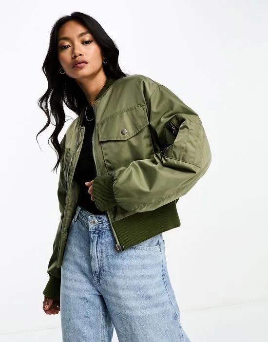 cropped nylon bomber jacket with deep rib and pocket in khaki