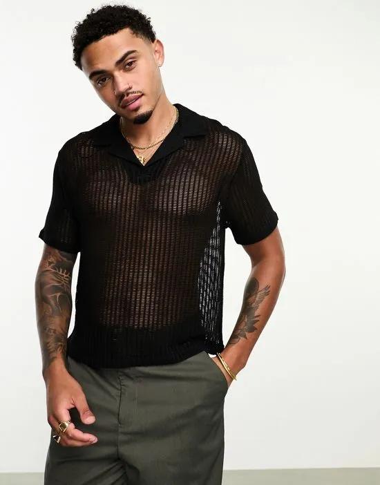cropped polo shirt with revere collar in black open mesh