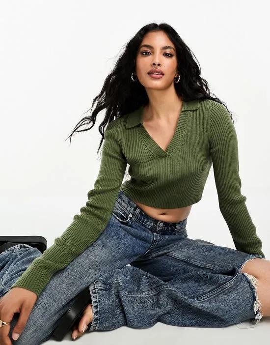 cropped polo sweater in khaki