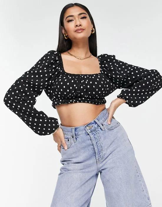 cropped puff sleeve blouse in polka dot