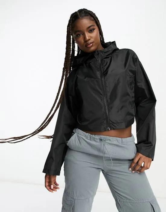 cropped rain jacket with hood in black