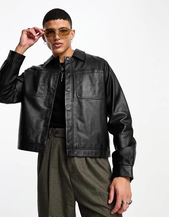 cropped real leather harrington jacket in black