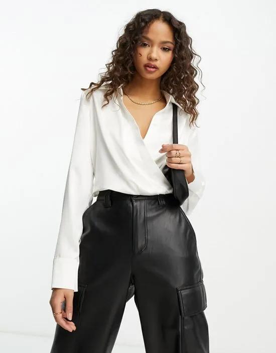 cropped satin wrapped blouse in white