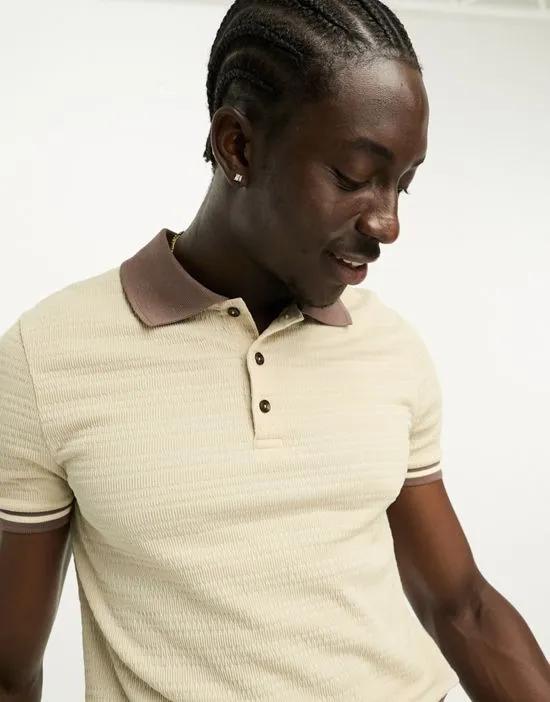 cropped skinny polo shirt with retro collar in beige texture