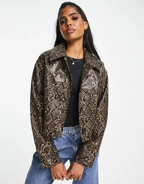 cropped snake print jacket in brown