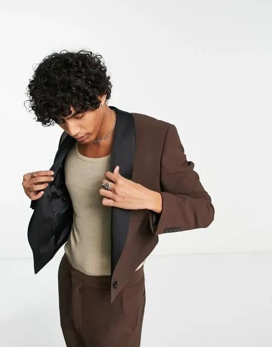 cropped suit jacket with contrast satin lapel in brown