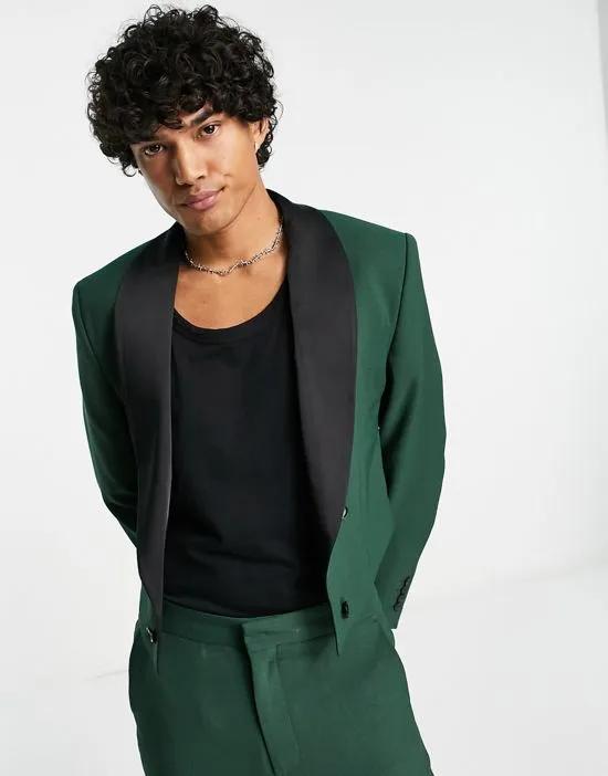 cropped suit jacket with contrast satin lapel in green