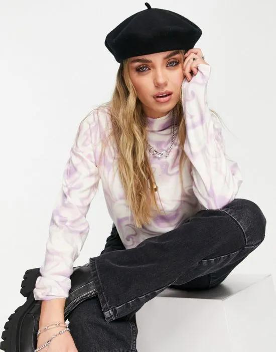 cropped wavy print high neck sweater in lilac
