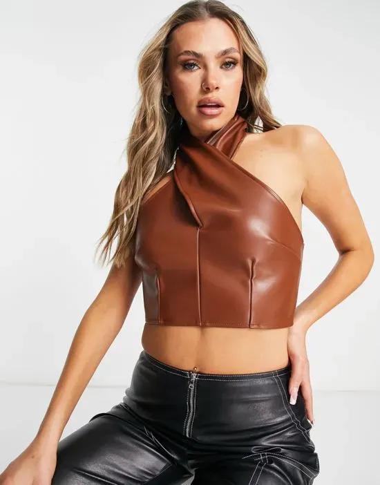 cross front top in tan faux leather