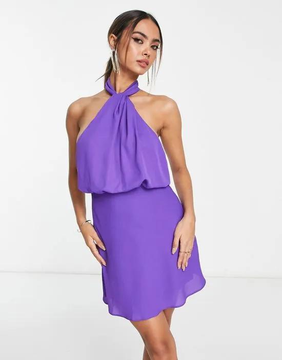 cross halterneck midi dress in georgette in lilac