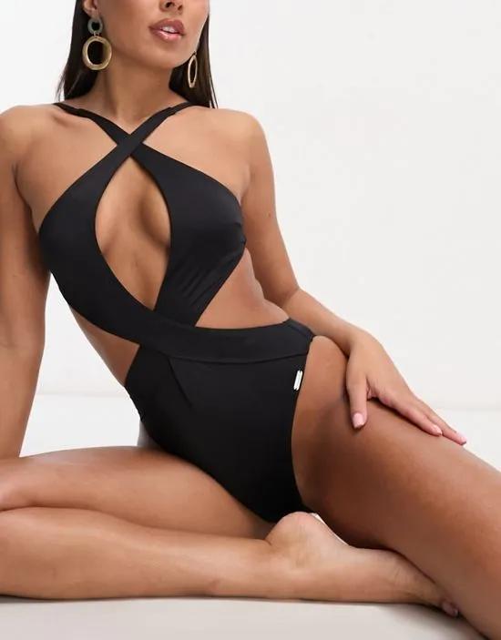 cross over cut out swimsuit in black