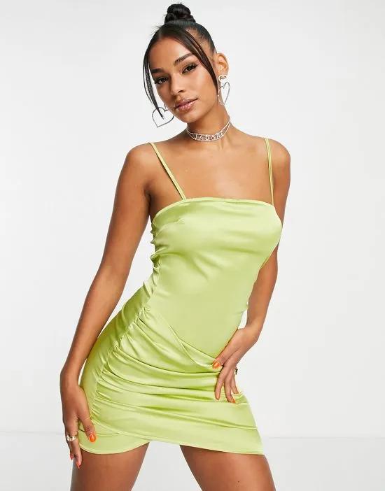 crossover front satin mini dress in lime