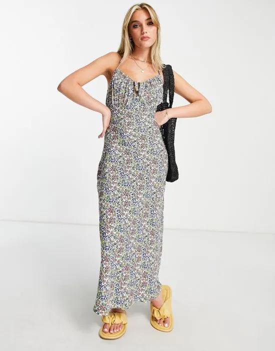 crossover strap midaxi dress in ditsy floral print