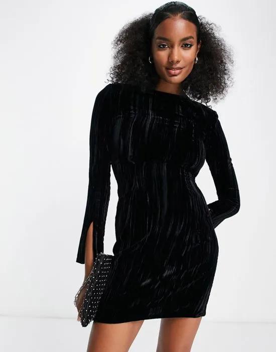 crushed velvet mini dress in black