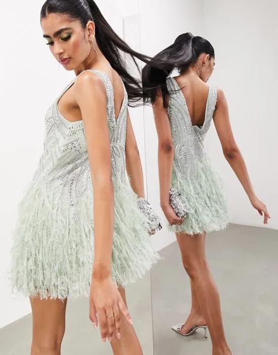 crystal and bead mini dress with faux-feather hem in sage green