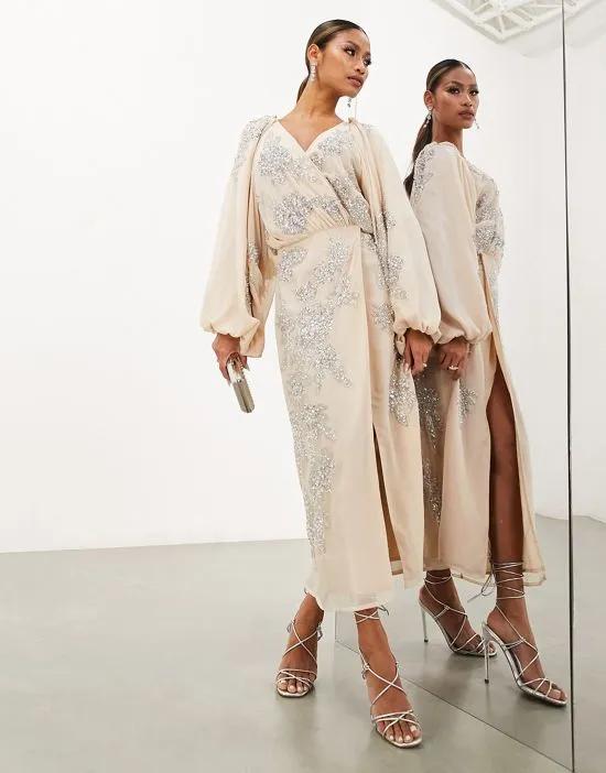 crystal floral embellished midi wrap dress in blush