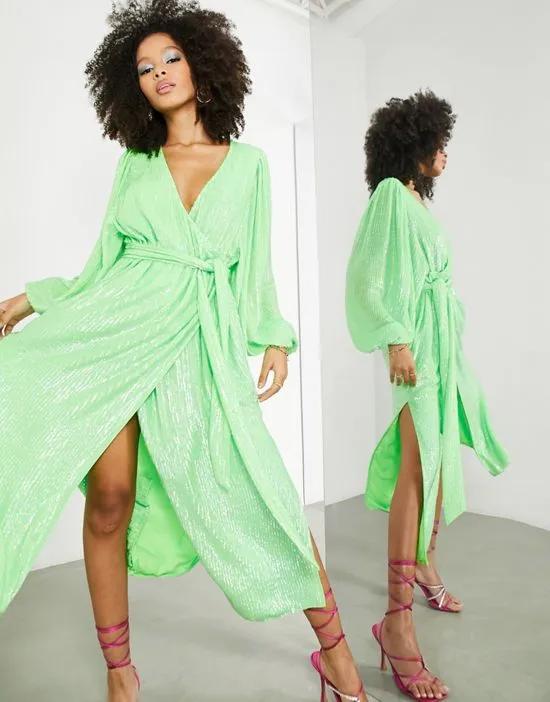 crystal sequin wrap midi dress with blouson sleeve in lime green