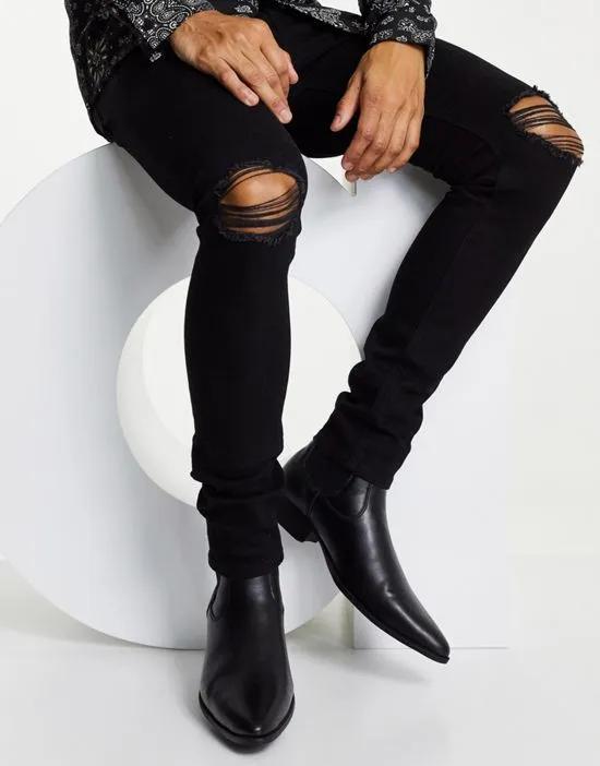 cuban heel western chelsea boots in black faux leather