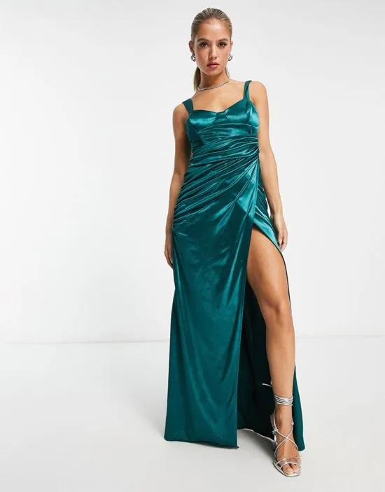 cupped ruched high split satin maxi dress in teal