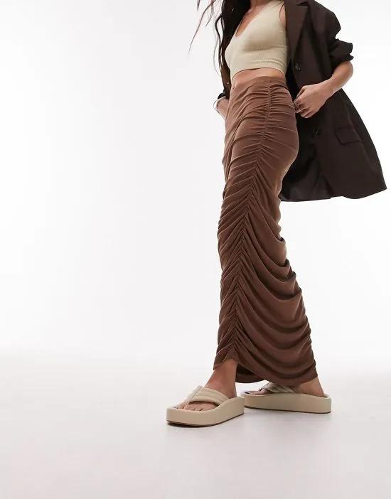 cupro ruched maxi skirt in brown