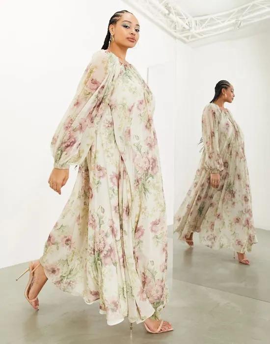 Curve chiffon split sleeve maxi dress in cream vintage floral