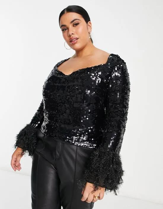 Curve embellished long sleeve top with feather cuff & cowl neck detail in black