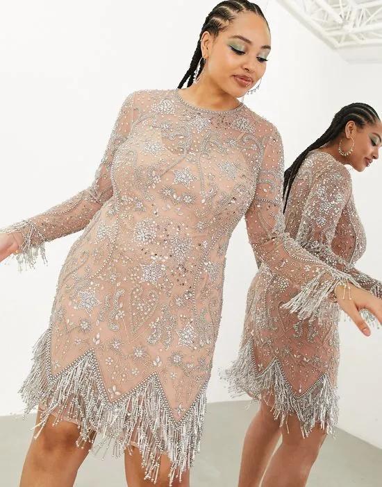 Curve embellished mini dress with beaded fringe hem in blush