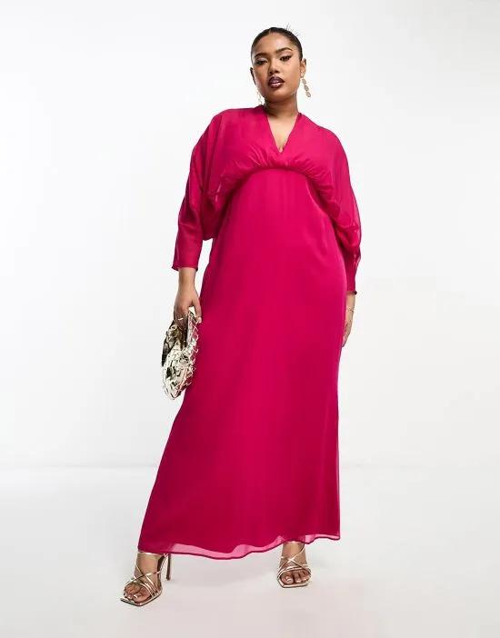 Curve exclusive chiffon batwing sleeve maxi dress in hot pink