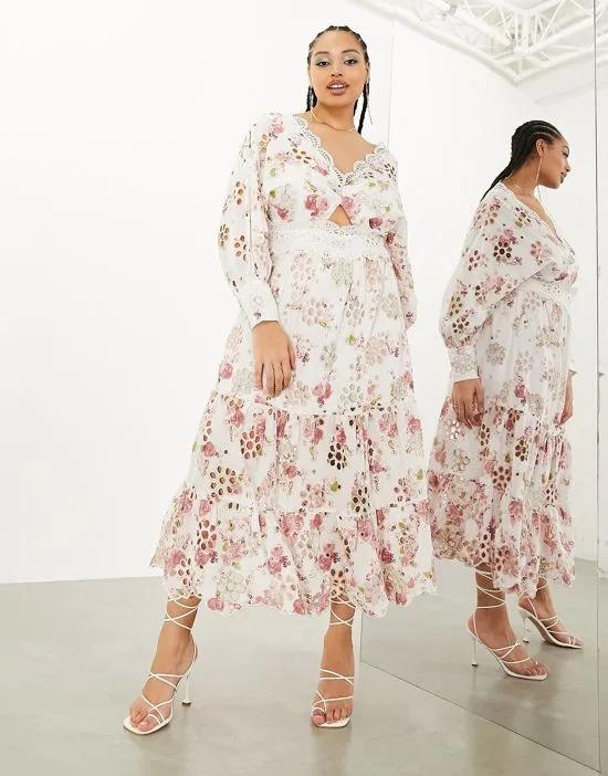 Curve eyelet twist front midi dress with puff sleeve in floral print