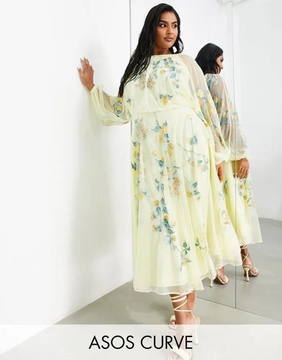 Curve floral embroidered mesh midi dress with blouson sleeve in lemon