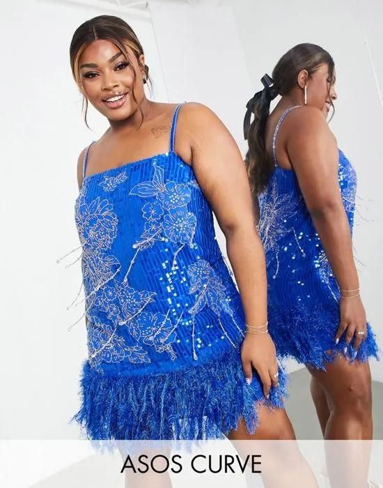 Curve floral sequin and bead mini dress with faux feather hem in bright blue