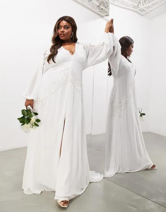 Curve Florence plunge long sleeve wedding dress with cutwork in ivory