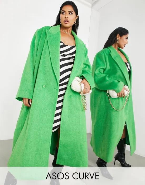 Curve longline wool mix coat in bright green