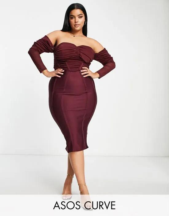 Curve off shoulder corset midi dress in wine