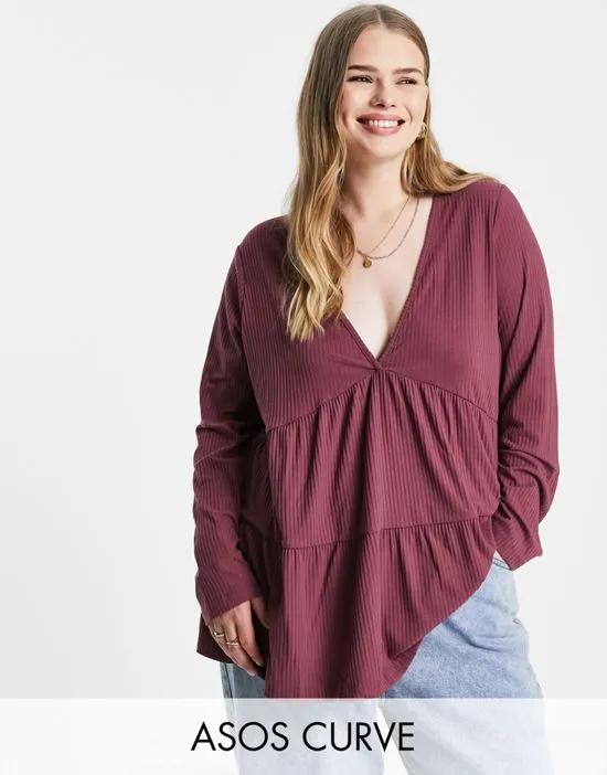 Curve ribbed smock top with long sleeve in aubergine