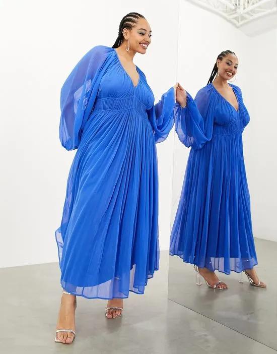 Curve ruched gathered waist drawstring maxi dress in bright blue
