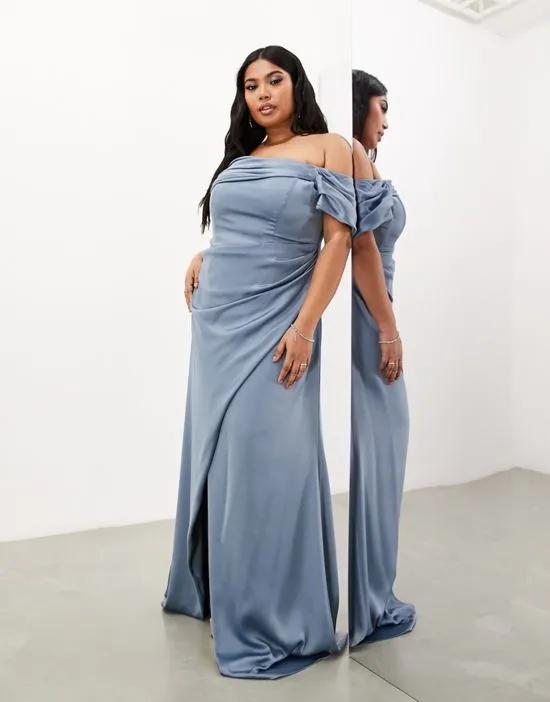 Curve satin bardot drape wrap maxi dress in dusky blue