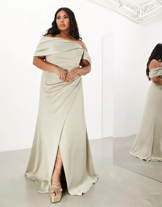 Curve satin bardot drape wrap maxi dress in sage green
