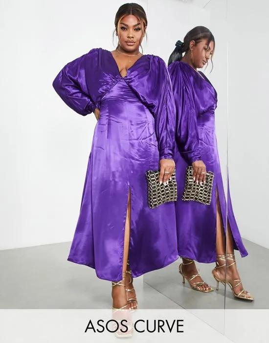 Curve satin drape batwing midi dress in purple