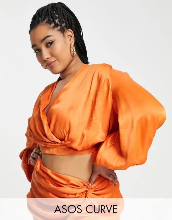 Curve satin drape blouson sleeve top with open back in spicy orange