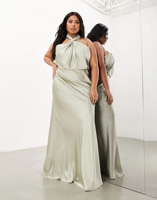 Curve satin ruched halter neck maxi dress in sage green
