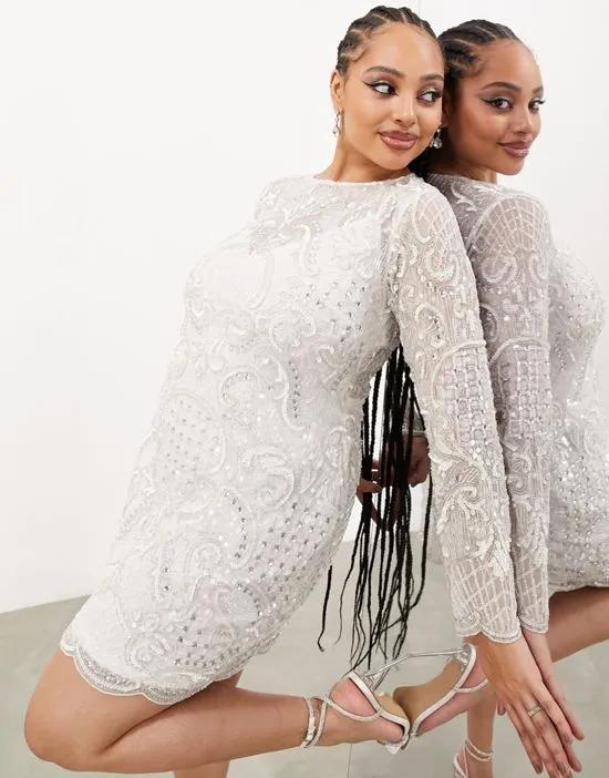 Curve scallop embellished jewel and sequin mini dress in ivory