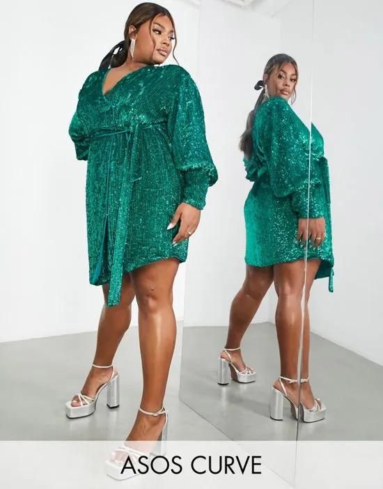 Curve sequin wrap mini dress in teal green
