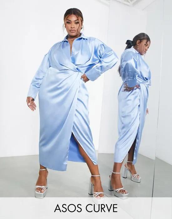 Curve split drape satin shirt dress in dusky blue