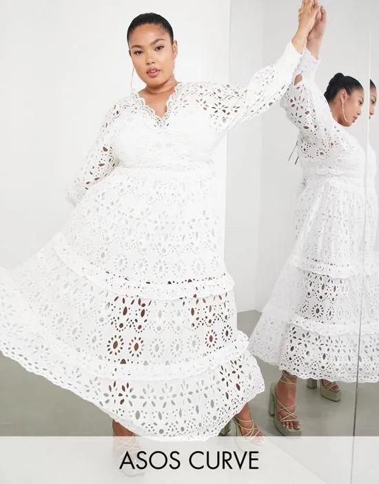 Curve v neck eyelet midi dress with puff sleeve in white