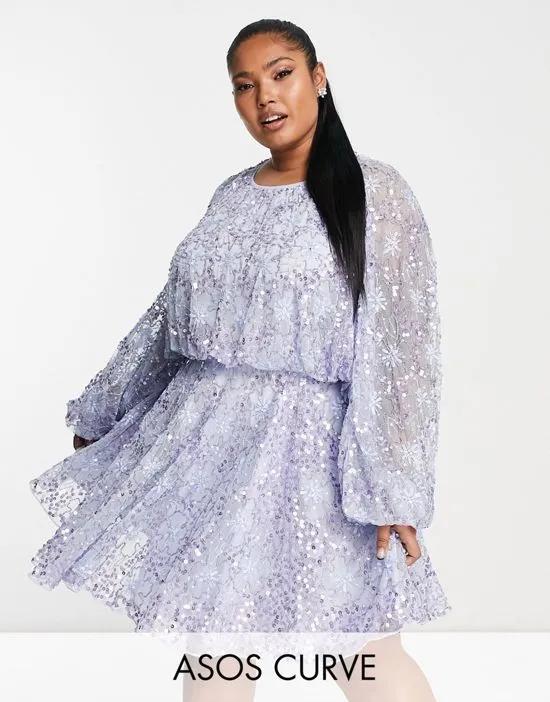 Curve waisted blouson sleeve floral embellished mini dress in lilac