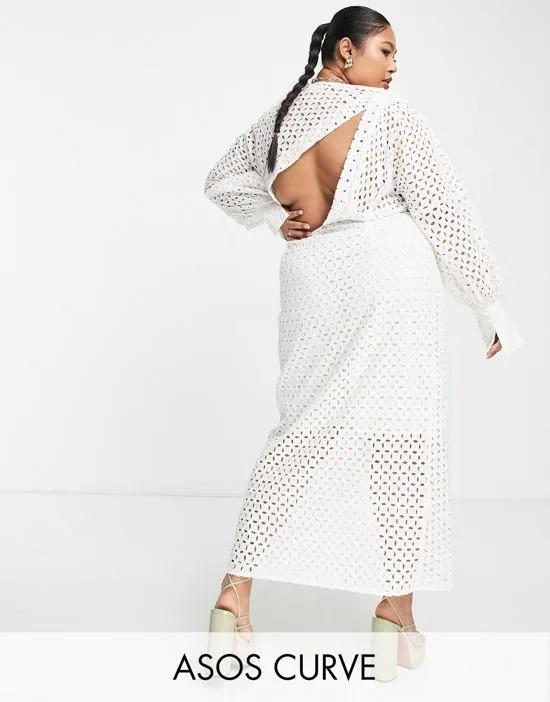 Curve wrap front eyelet midi dress with blouson sleeve in white
